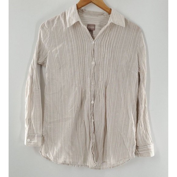 Chicos‎ Women's Beige Stripped Button Up Dress Shirt Size 0 - Picture 1 of 5